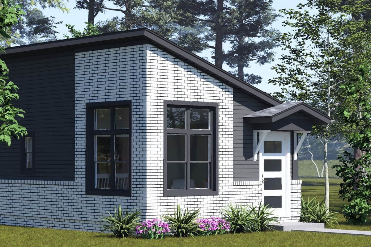 House plan exterior with white brick and dark siding, a small gable-roofed entry, and dark-framed windows.