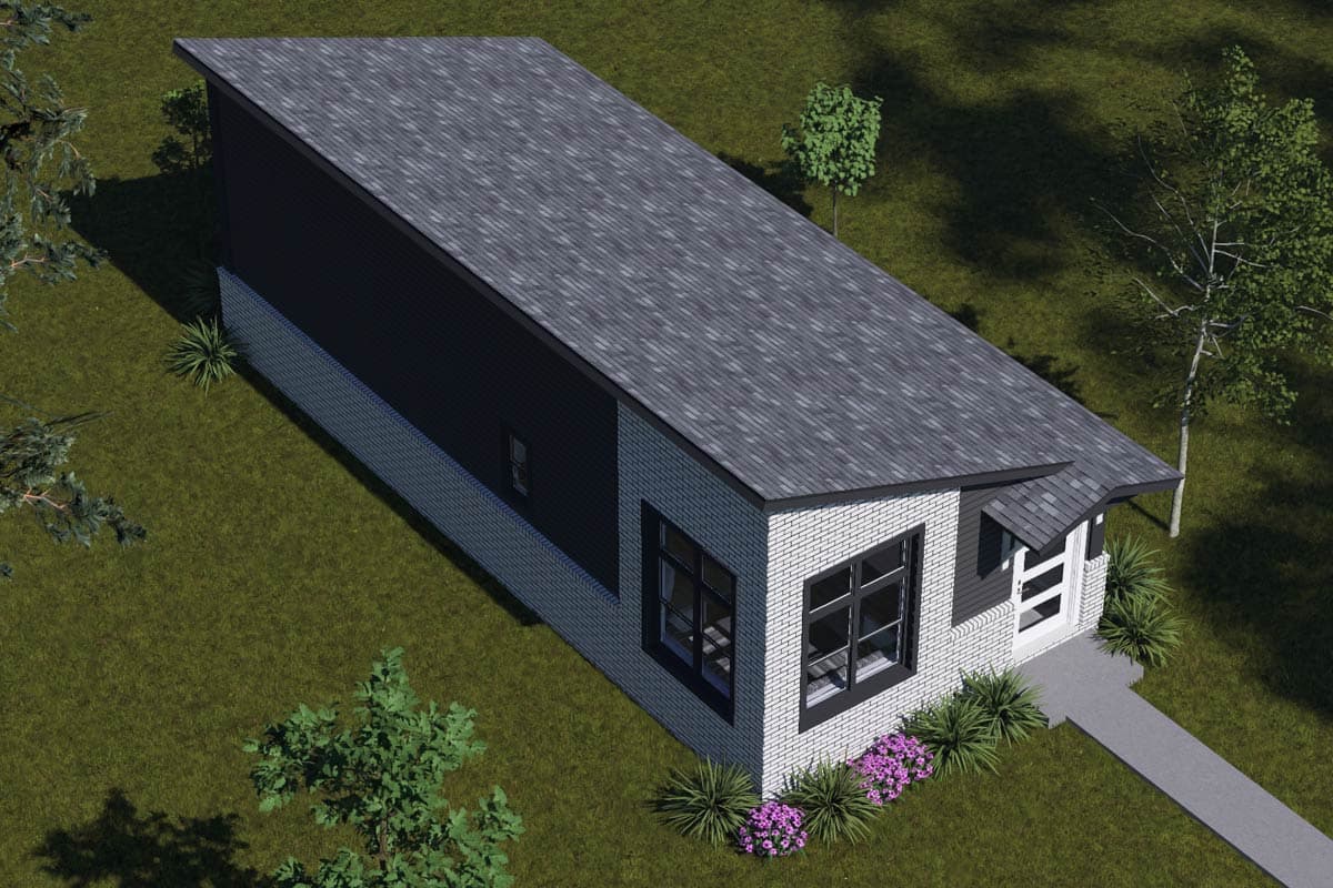 House plan exterior: modern design with white brick, dark siding, pitched roof, and covered entryway with glass door.