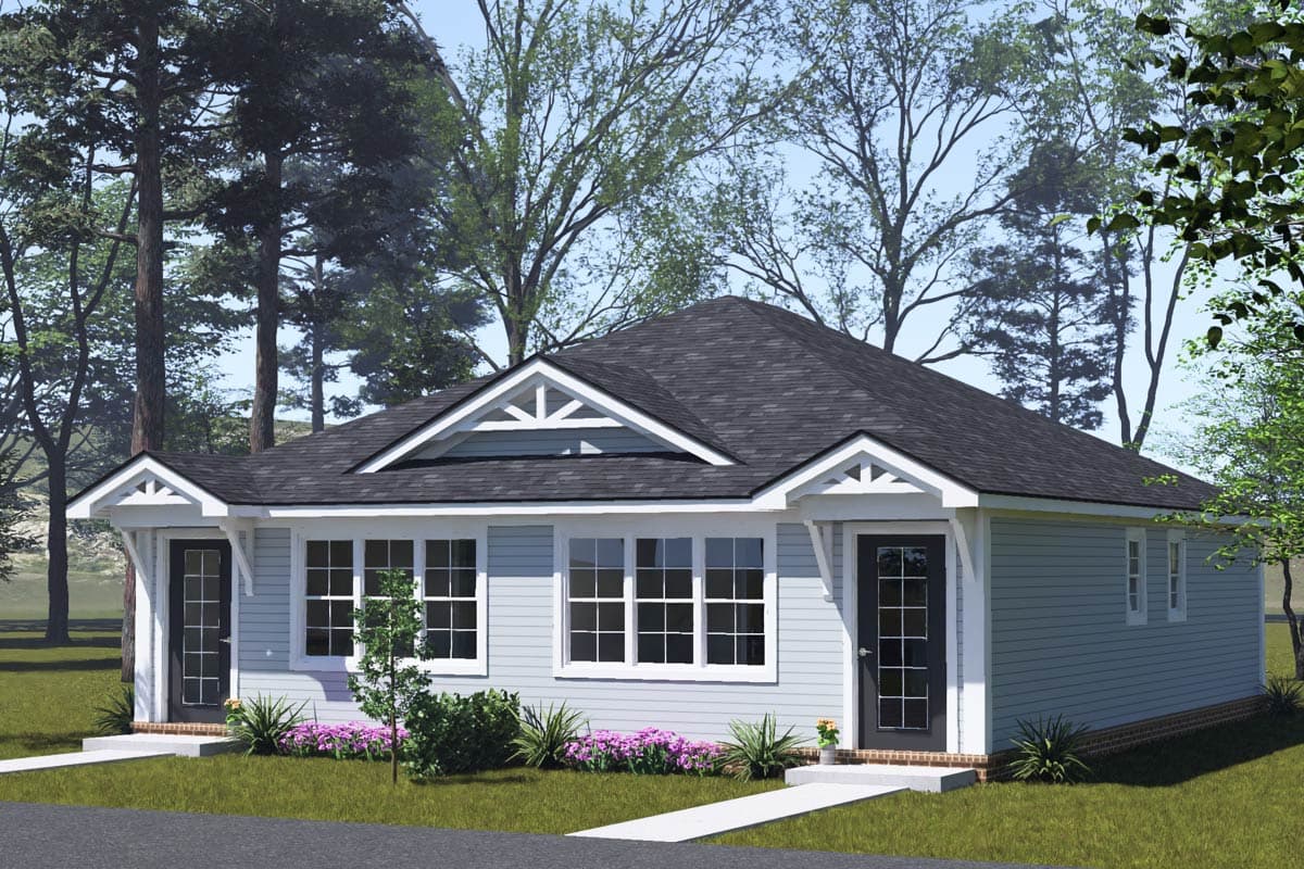House plan exterior: one-story Modern Farmhouse with dual gables, covered entryways, and multiple windows.