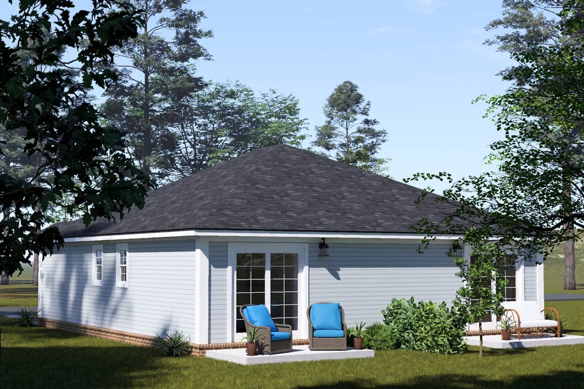 House plan exterior: One-story ranch with hip roof, light blue siding, and French doors opening to a patio.