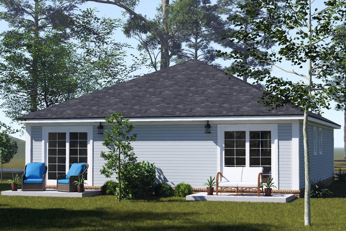 House plan exterior: one-story building with hipped roof, horizontal siding, and two sets of French doors.