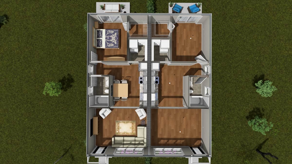 Floor plan of a duplex house with two units, each featuring a living area, kitchen, dining, bedroom, and bath.