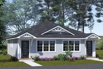 Traditional Duplex House Plan with Symmetrical Layout and Walk-In Pantry
