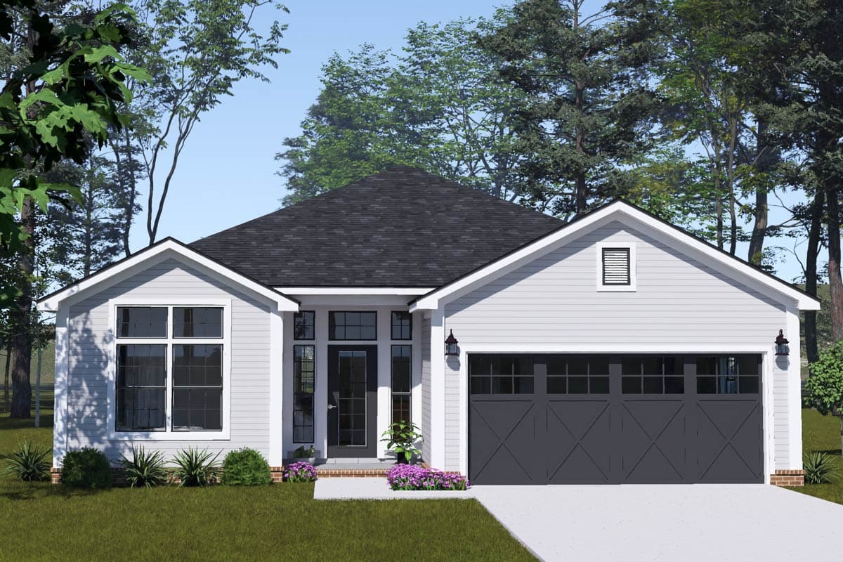 House plan exterior: single-story Modern Farmhouse with gable, front-facing garage, and large windows.