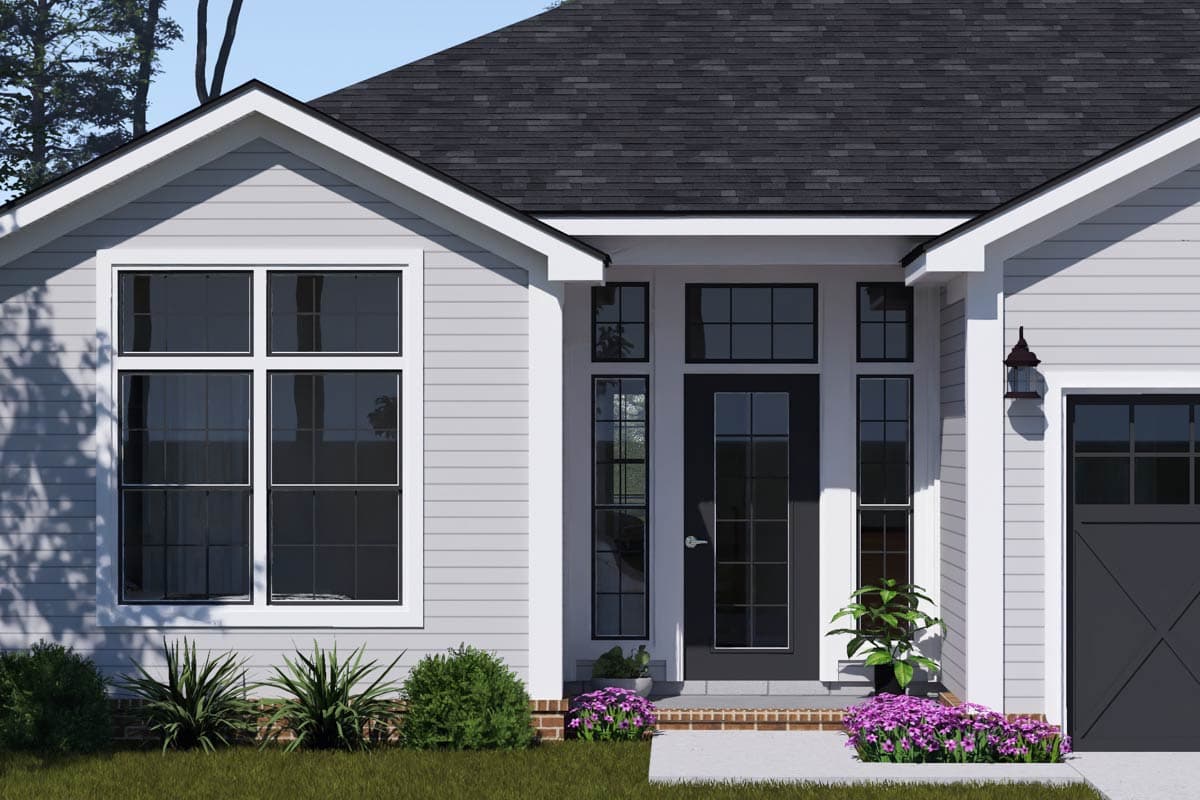 Modern Farmhouse house plan exterior with gray siding, a front door with sidelights, and a two-car garage.