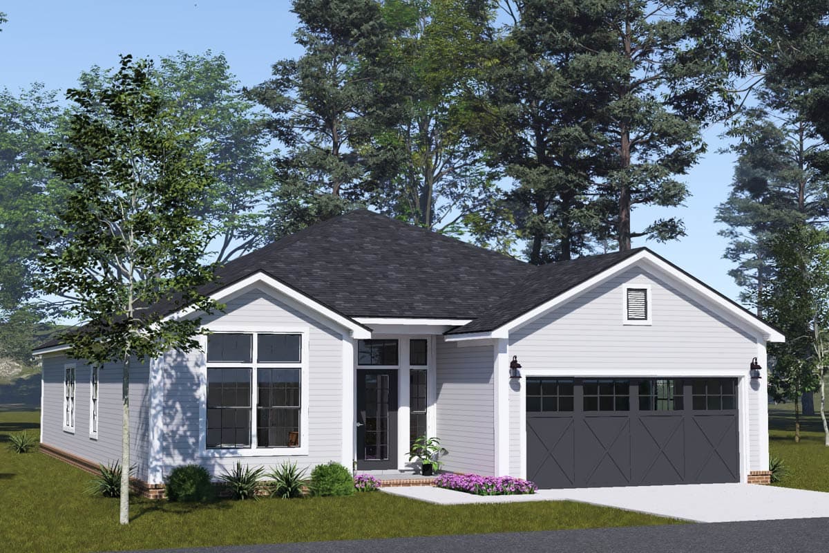 House plan exterior: Ranch style, one story, features prominent front gable, large front windows, covered entry, and attached garage.