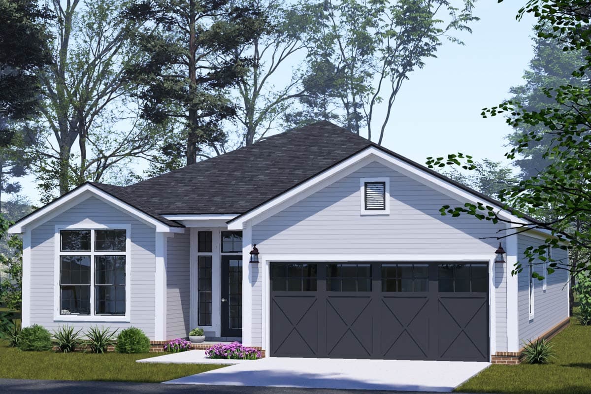 One-story Modern Farmhouse plan exterior with a side-facing garage, large front window, and covered entry.