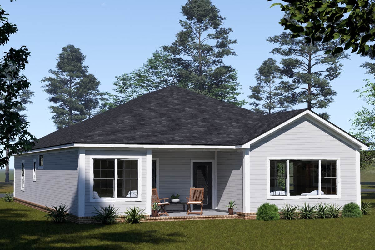 House plan exterior: One-story Ranch with a covered front porch, gable roof, and large windows.