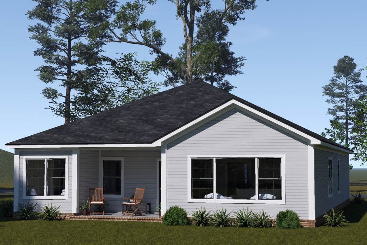 Ranch house plan exterior with a covered porch, gabled roof, and multiple large windows.