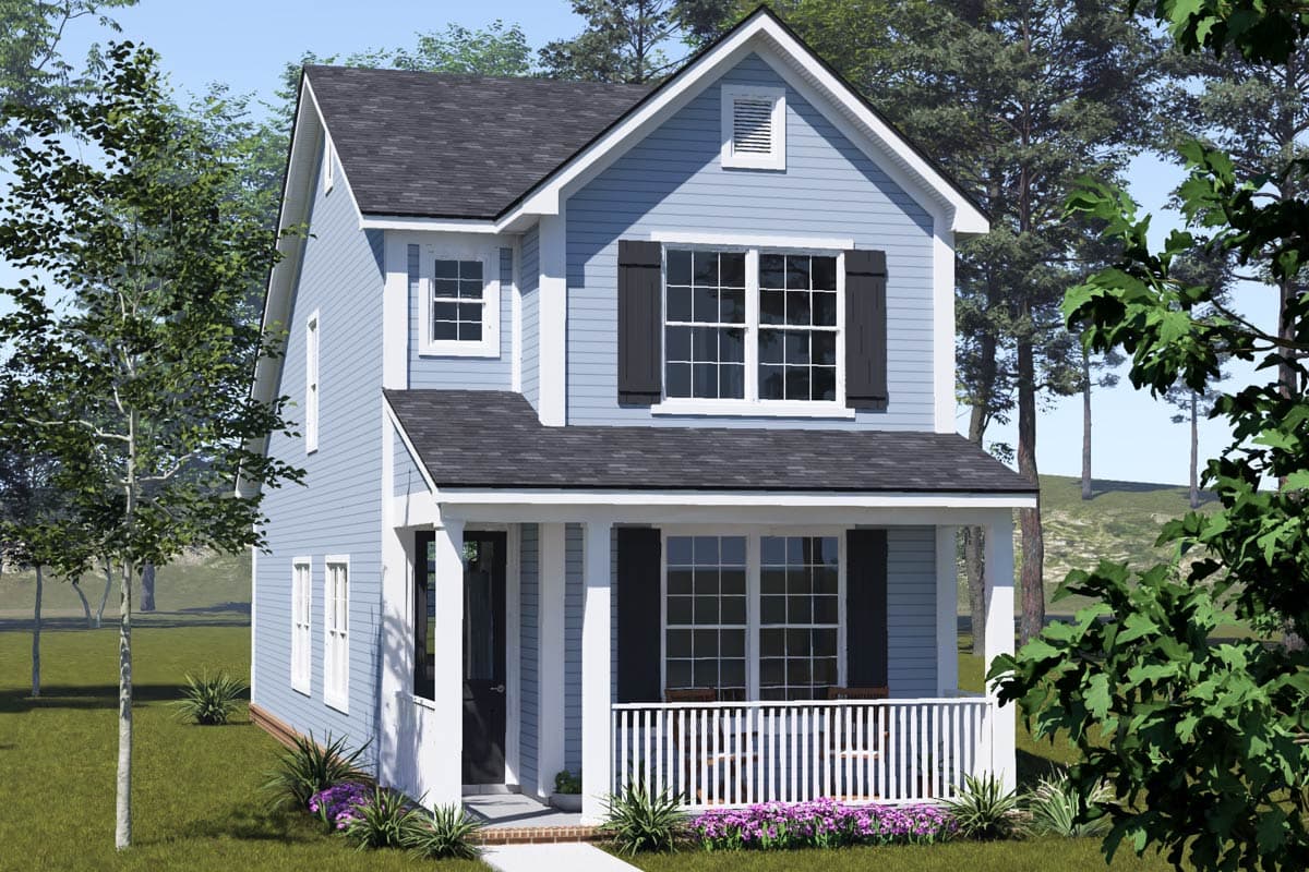 Two-story house plan exterior with a covered front porch, gabled roof, and multiple windows with black shutters.