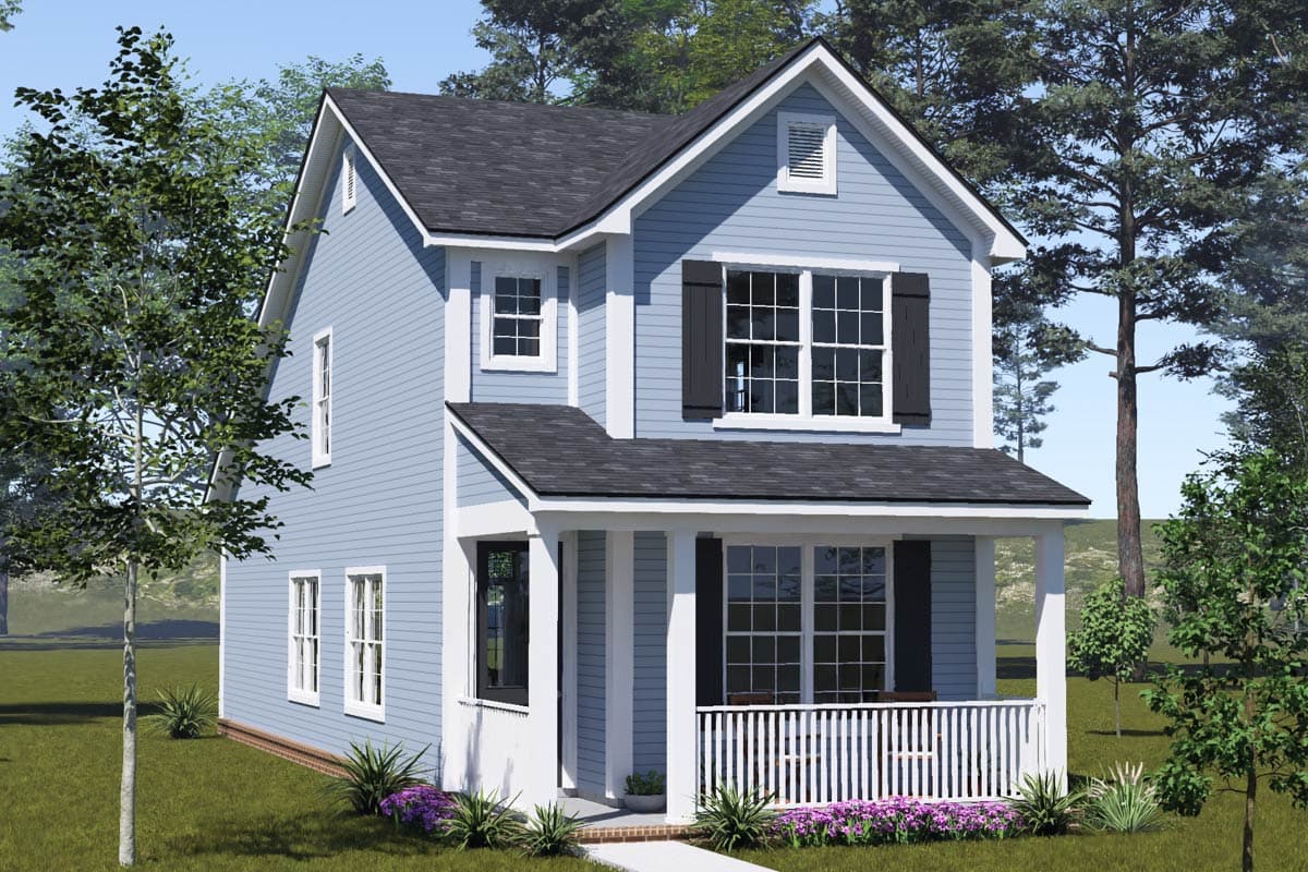 House plan exterior: two-story, light blue siding, gabled roof, front porch with white railing, prominent dormer.