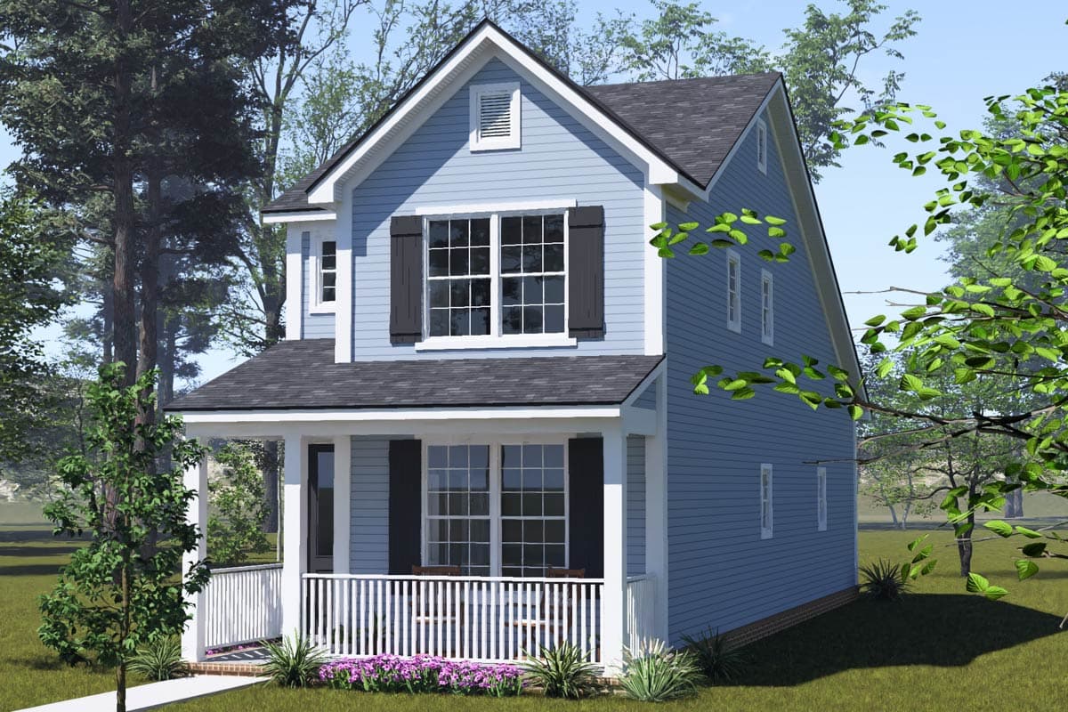 House plan exterior of a two-story Modern Farmhouse with a front porch, gables, and dormers.