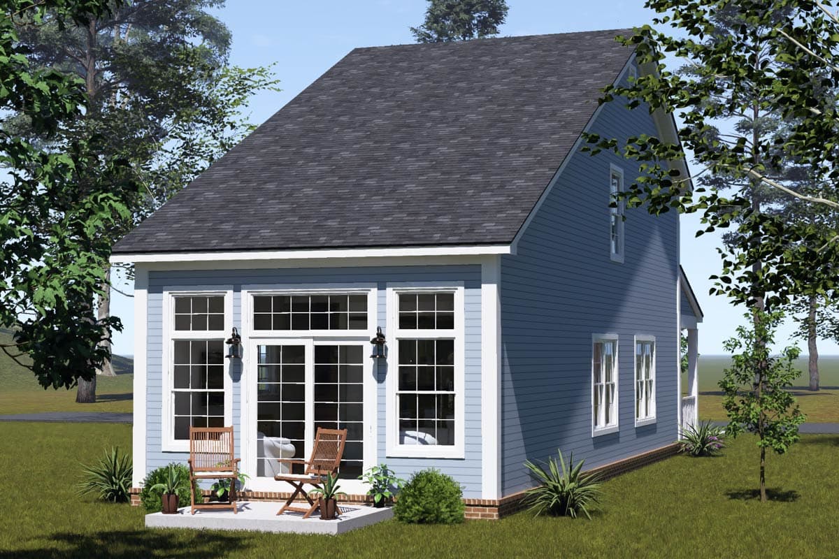 House plan exterior: A two-story home with a gable roof, lap siding, and a large window wall with French doors.