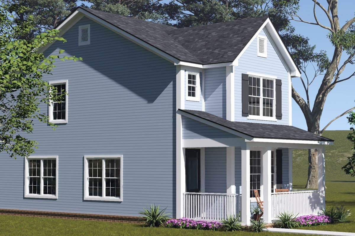 Two-story house plan exterior with gabled dormer, covered front porch, and multiple windows.