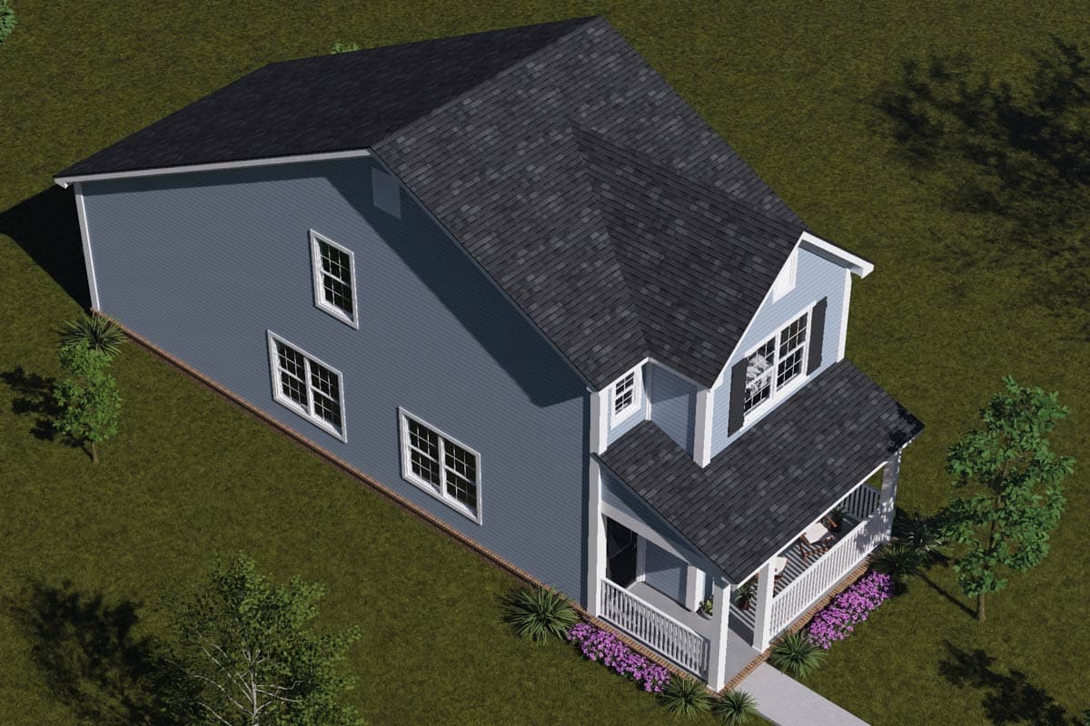 House plan exterior: two-story home with gabled roof, front porch with white railing, and multiple windows.