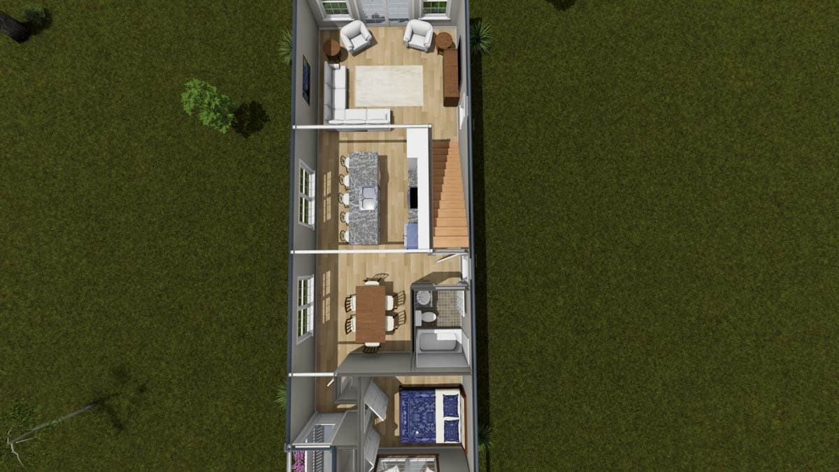 Floor plan showing living room, kitchen with island, dining area, bathroom, and bedroom.