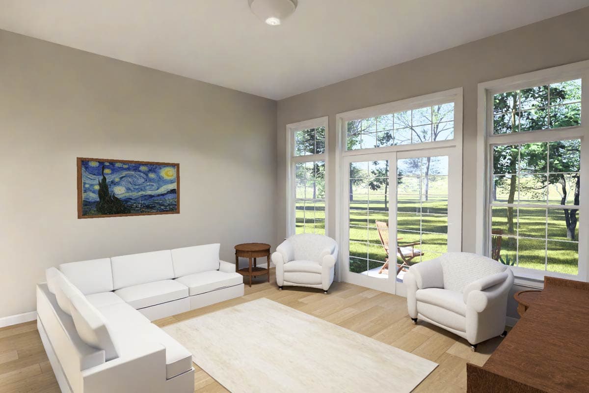 Great room rendering with sectional sofa, chairs, large windows, and double doors opening to a backyard.