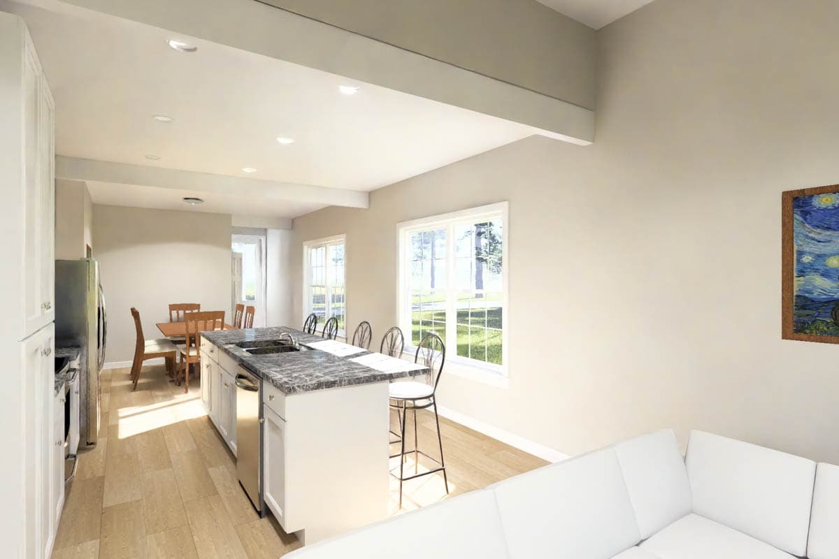 Interior rendering of a kitchen with a large island, dining area, and seating, featuring white cabinets and granite countertops.