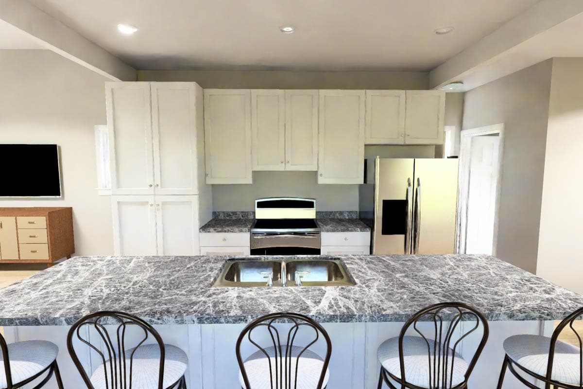 Kitchen with white cabinets, stainless steel appliances, granite countertops, island with sink, and bar seating.