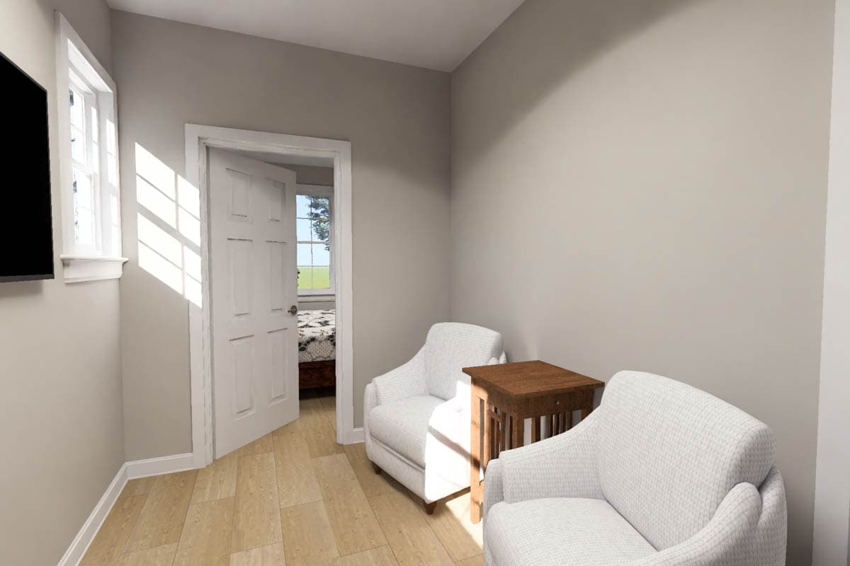 Interior rendering of a sitting area with two chairs and a side table, doorway opening to a bedroom.