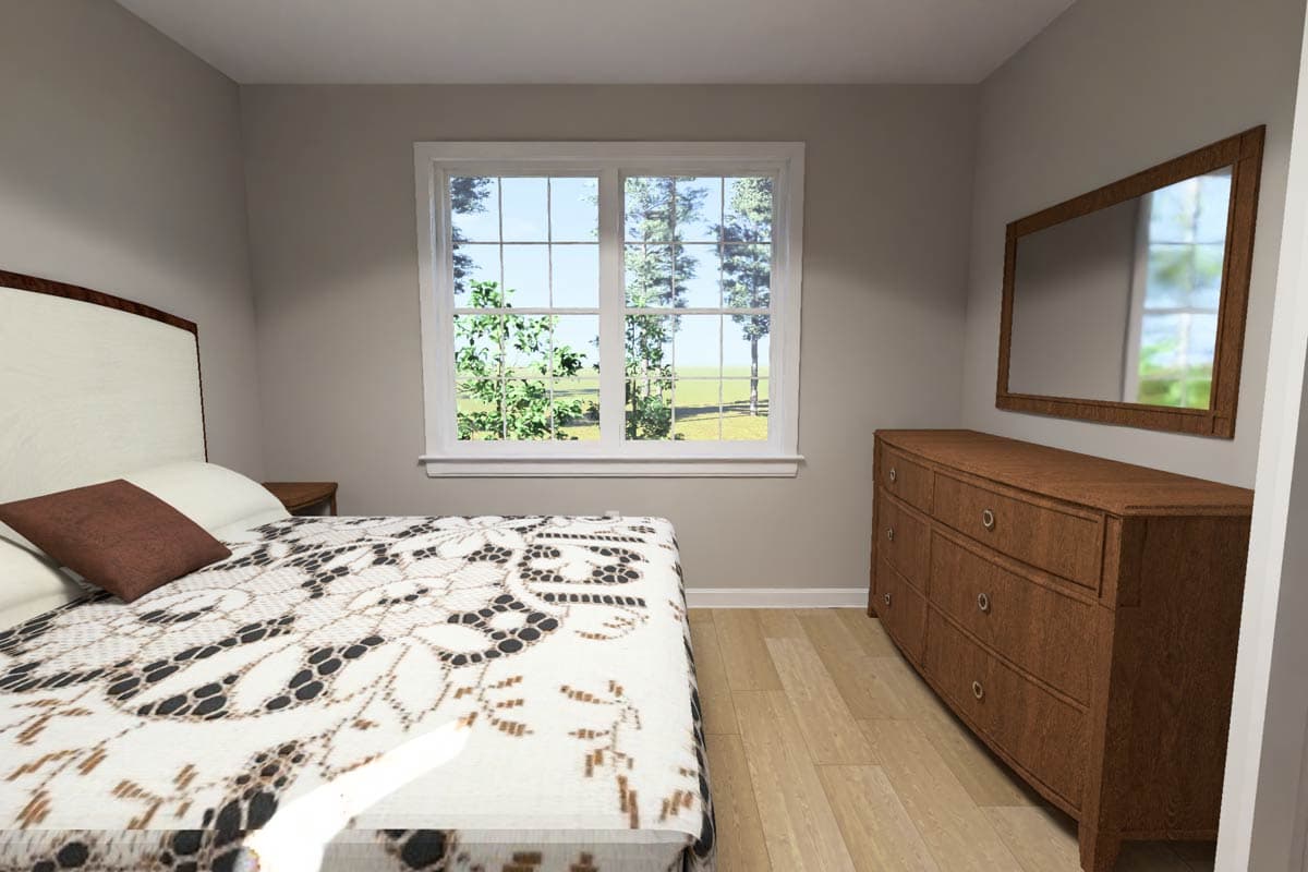 Bedroom interior rendering with bed, dresser, mirror, and large window overlooking trees.
