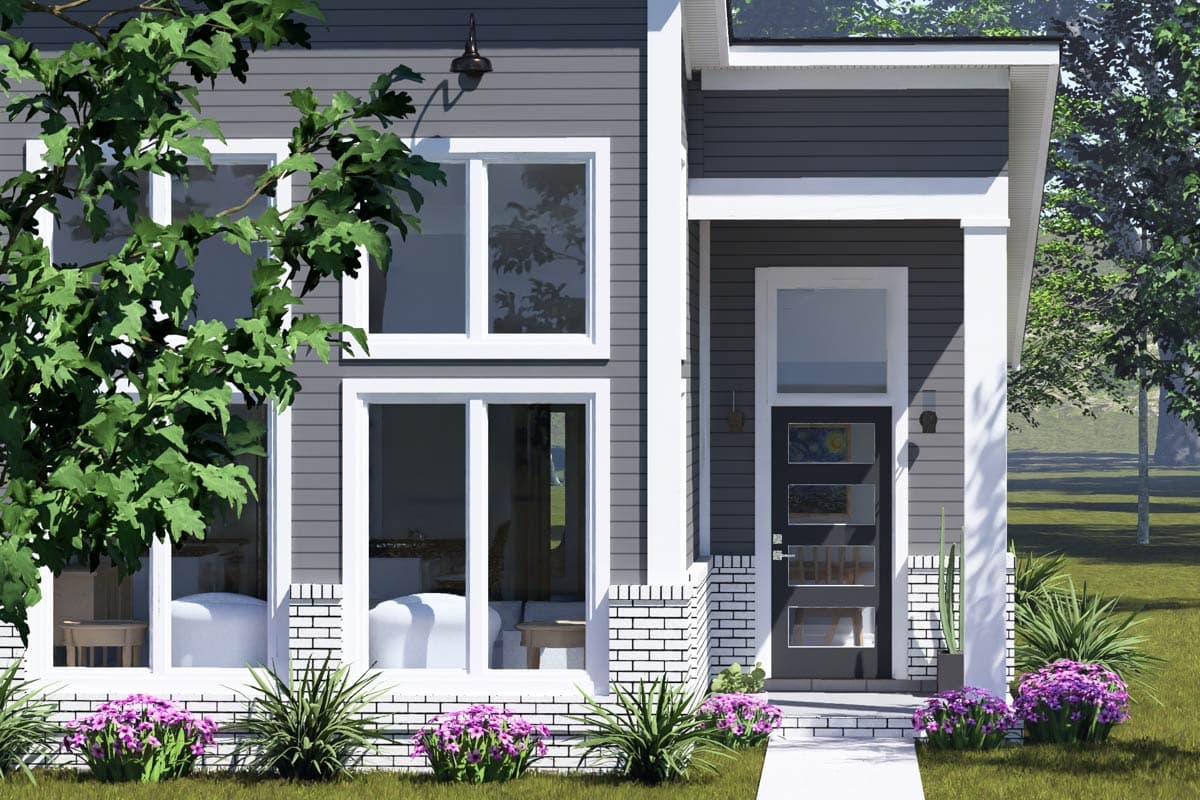 House plan exterior featuring a modern design with large windows, a covered entry with white brick accents, and dark siding.