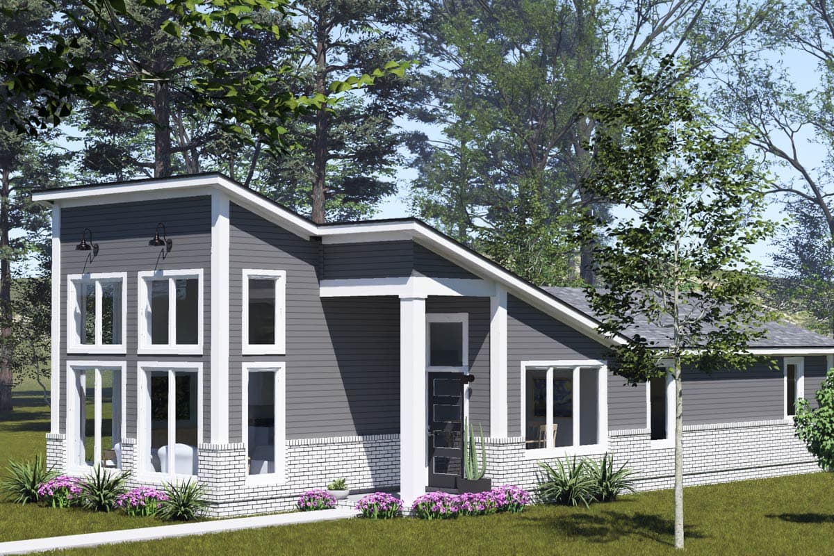Modern house plan exterior with a pitched roof, tall windows, white brick base, and a covered entry with a single column.