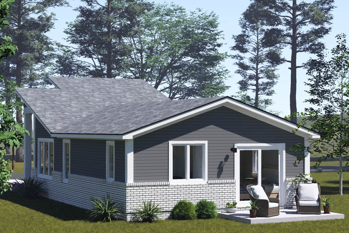 House plan exterior: Ranch style, one story, with gray siding, white brick foundation, gable roof, and sliding glass doors.