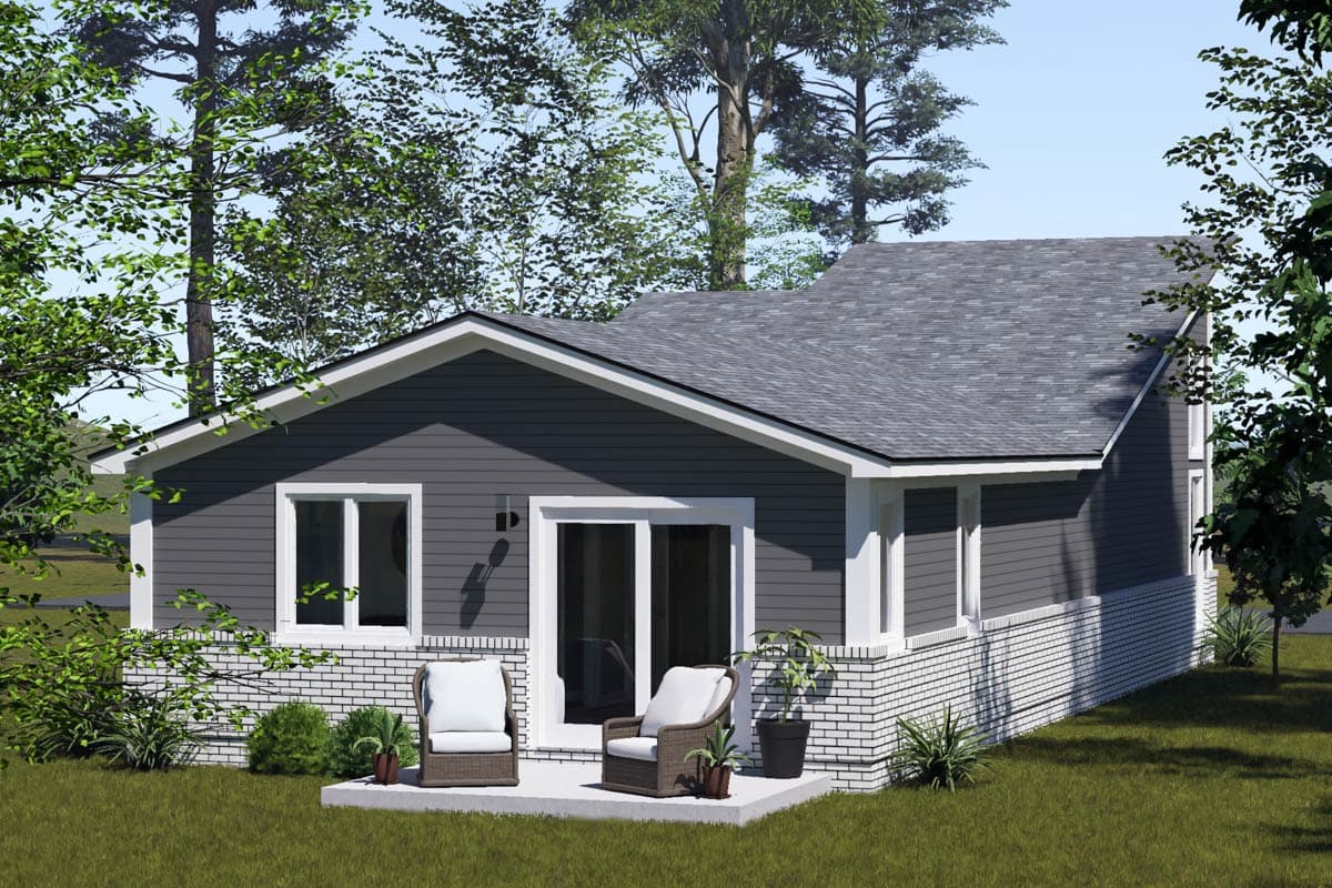 House plan exterior: Ranch style with horizontal siding, white brick base, gable roof, and sliding glass doors.