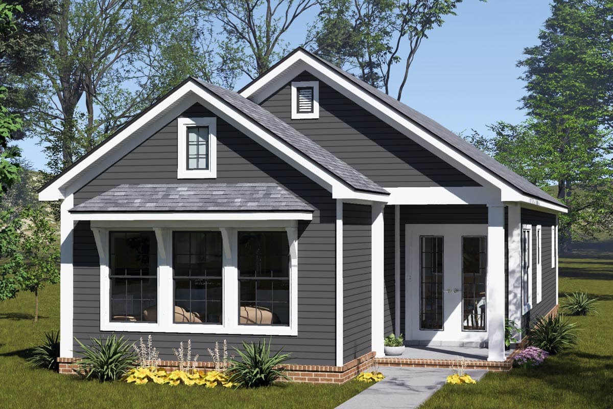 House plan exterior of a one-story Modern Farmhouse with a prominent gable, front porch with columns, and large multi-pane windows.