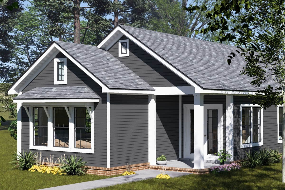 House plan exterior: One-story dwelling with gabled dormers, covered entry porch, and multi-pane windows.
