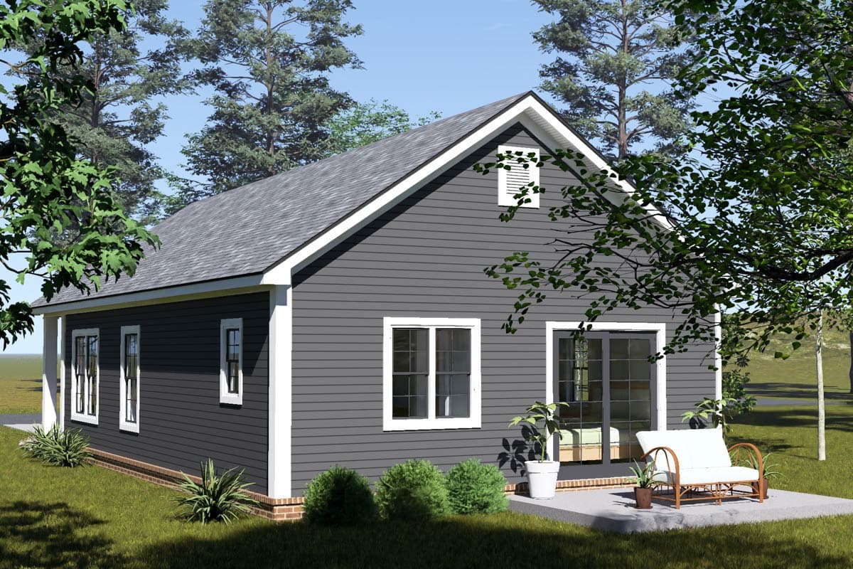 House plan exterior: Simple rectangular structure, one story, pitched roof, visible gable vent, and multiple windows.