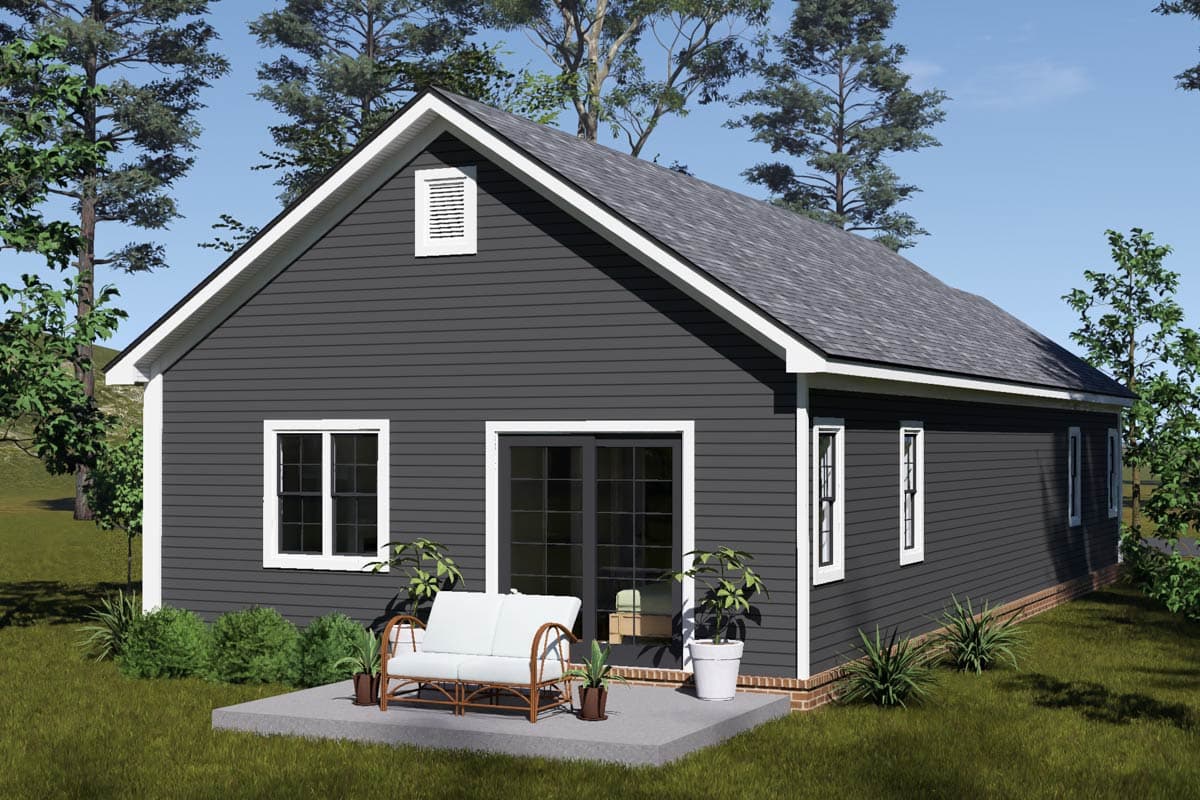 House plan exterior: single-story modern farmhouse with gabled roof, front dormer vent, and sliding glass doors.