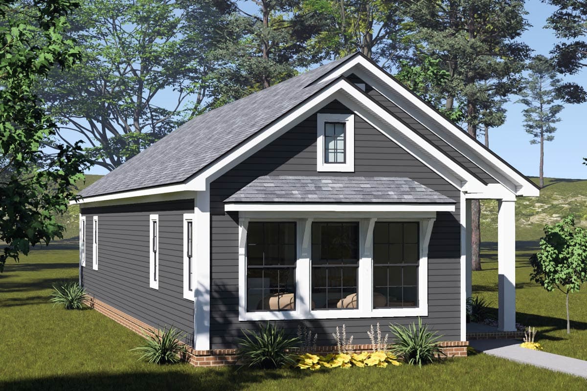 House plan exterior: Single-story home with gabled roof, dormer window, and covered front entry.