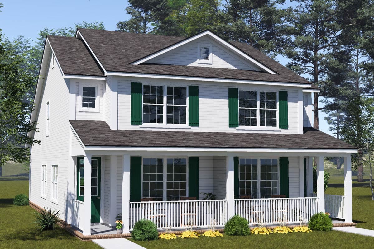 Two-story house plan exterior with a wrap-around porch, gable roof, and white siding with green shutters.