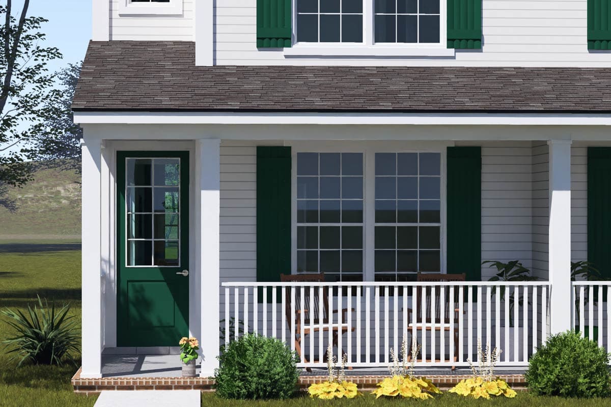 House plan exterior: Two-story home with a full-width covered porch, white railings, and green shutters.
