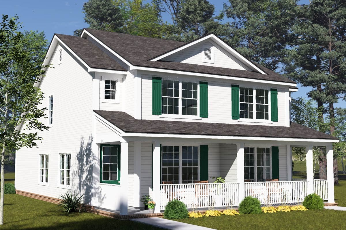 House plan exterior of a two-story home with a wrap-around porch, gables, and green shutters.