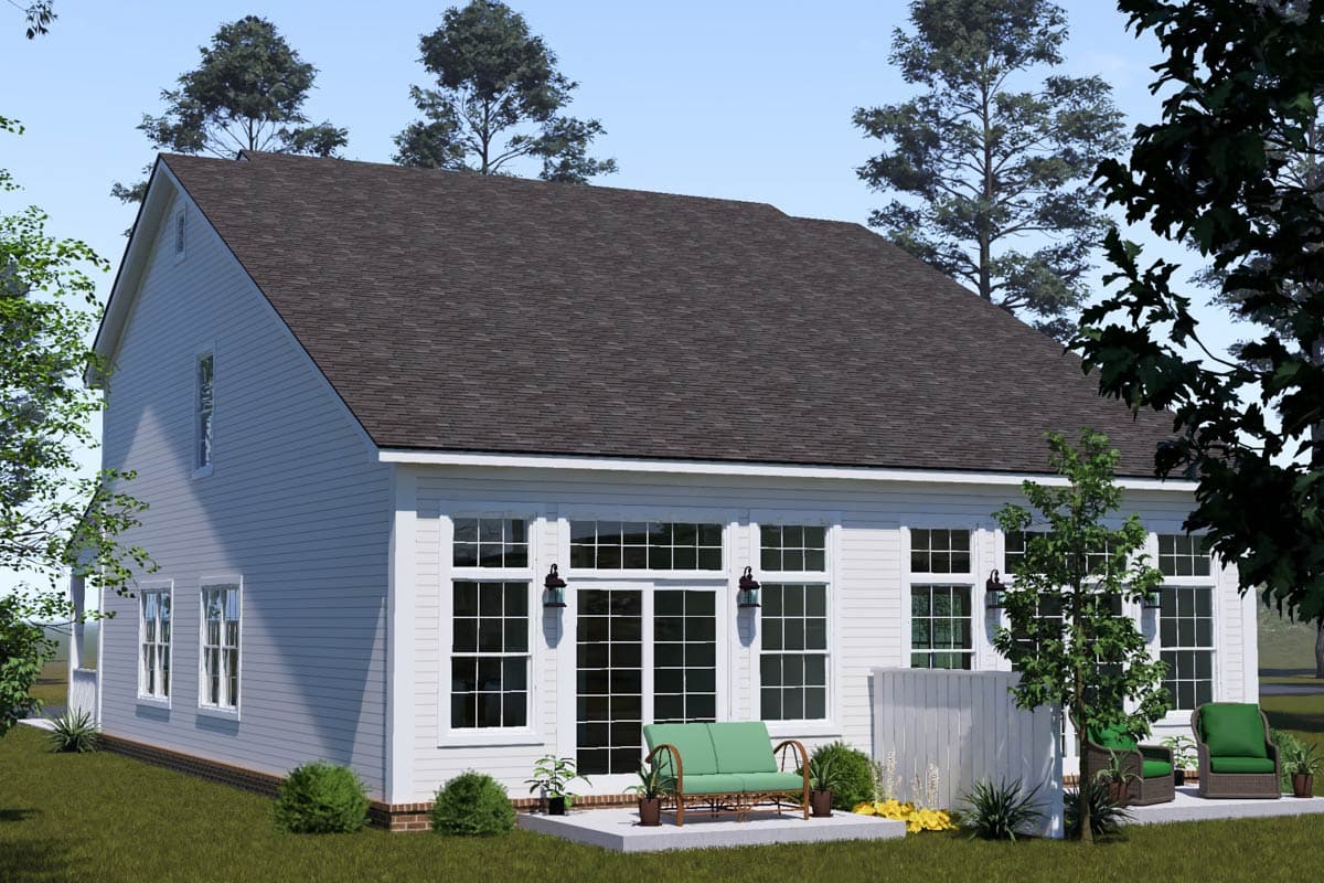 House plan exterior with white lap siding, dark pitched roof, and a wall of windows.