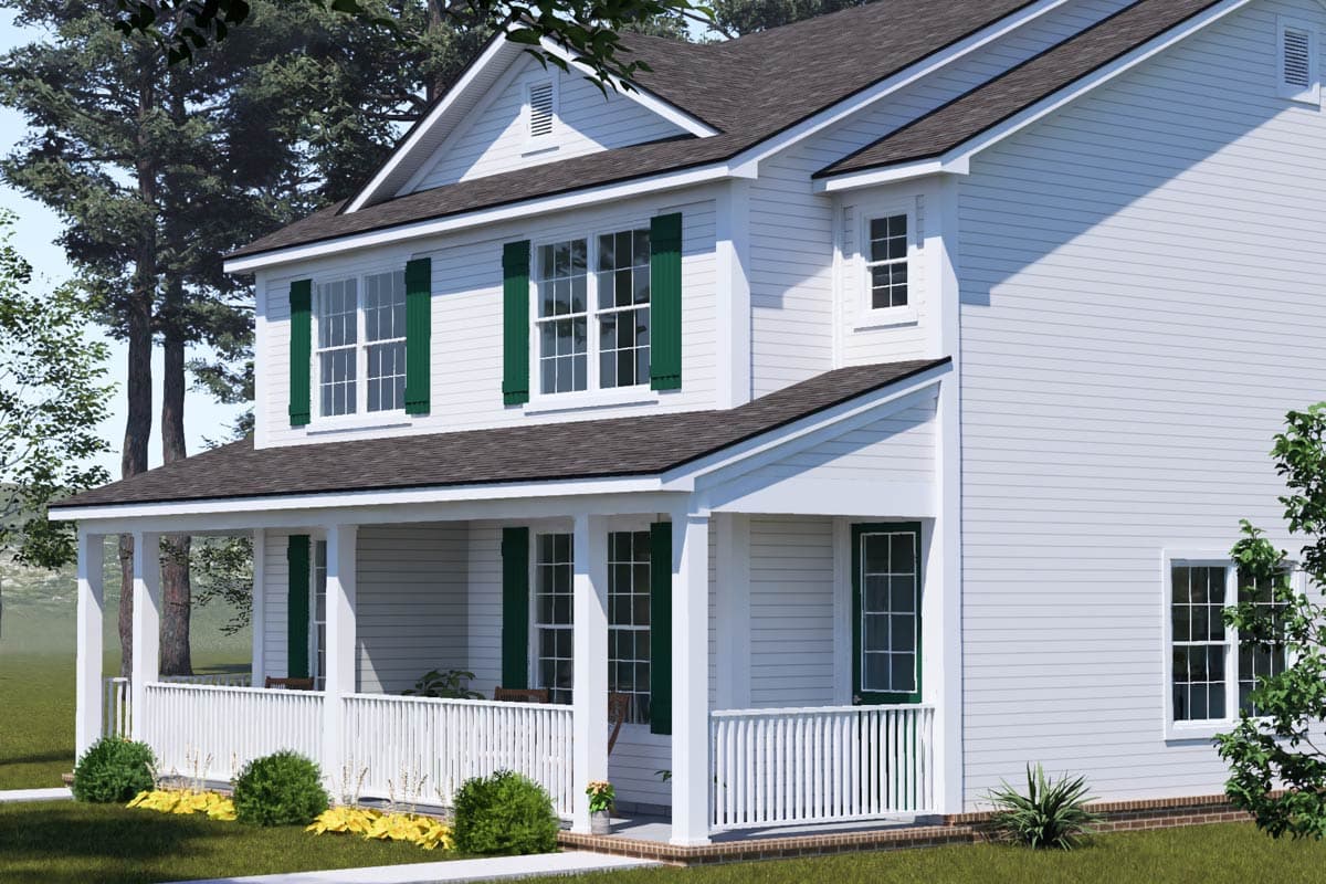 House plan exterior: Two-story home with a wraparound porch, white siding, dark roof, and green shutters.
