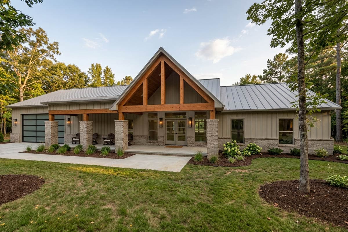 House plan exterior: Ranch-style home with prominent exposed timber framing, metal roof, covered porch, and a modern glass garage door.
