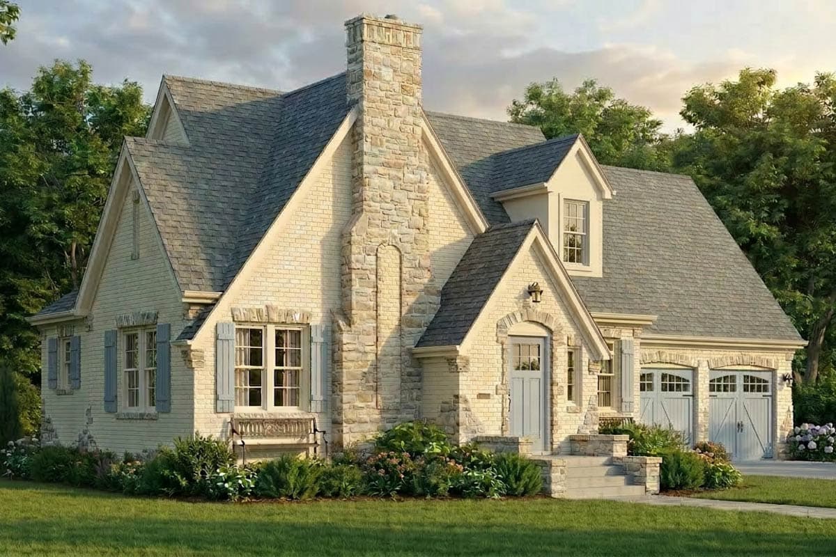 House plan exterior: Two-story Tudor style with stone chimney, prominent gables, dormer window, and a three-car garage.