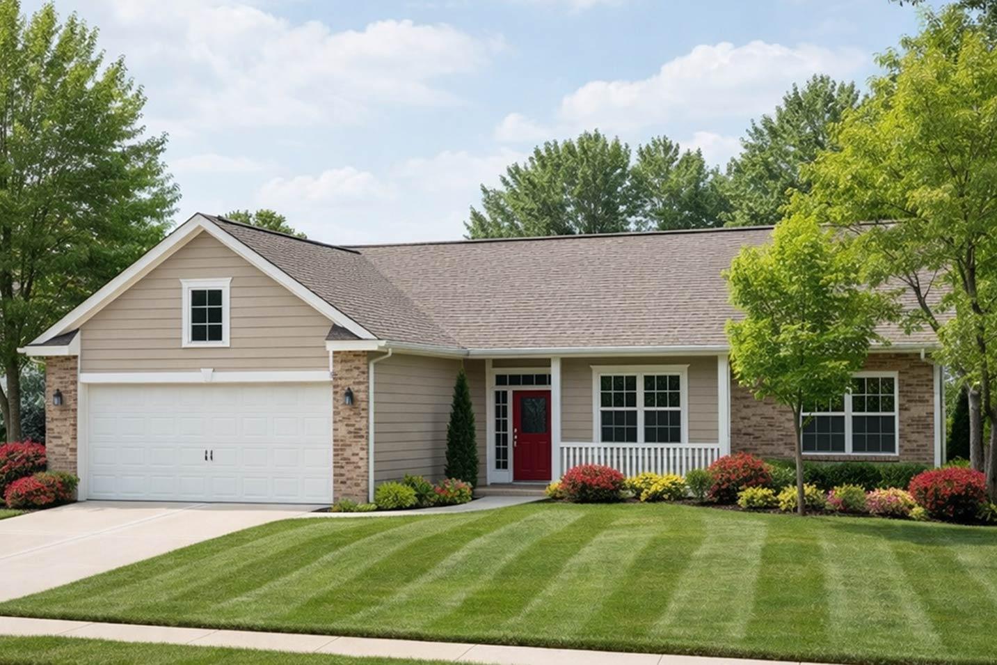 Ranch house plan exterior with a two-car garage, gable dormer, and covered porch with white railings.