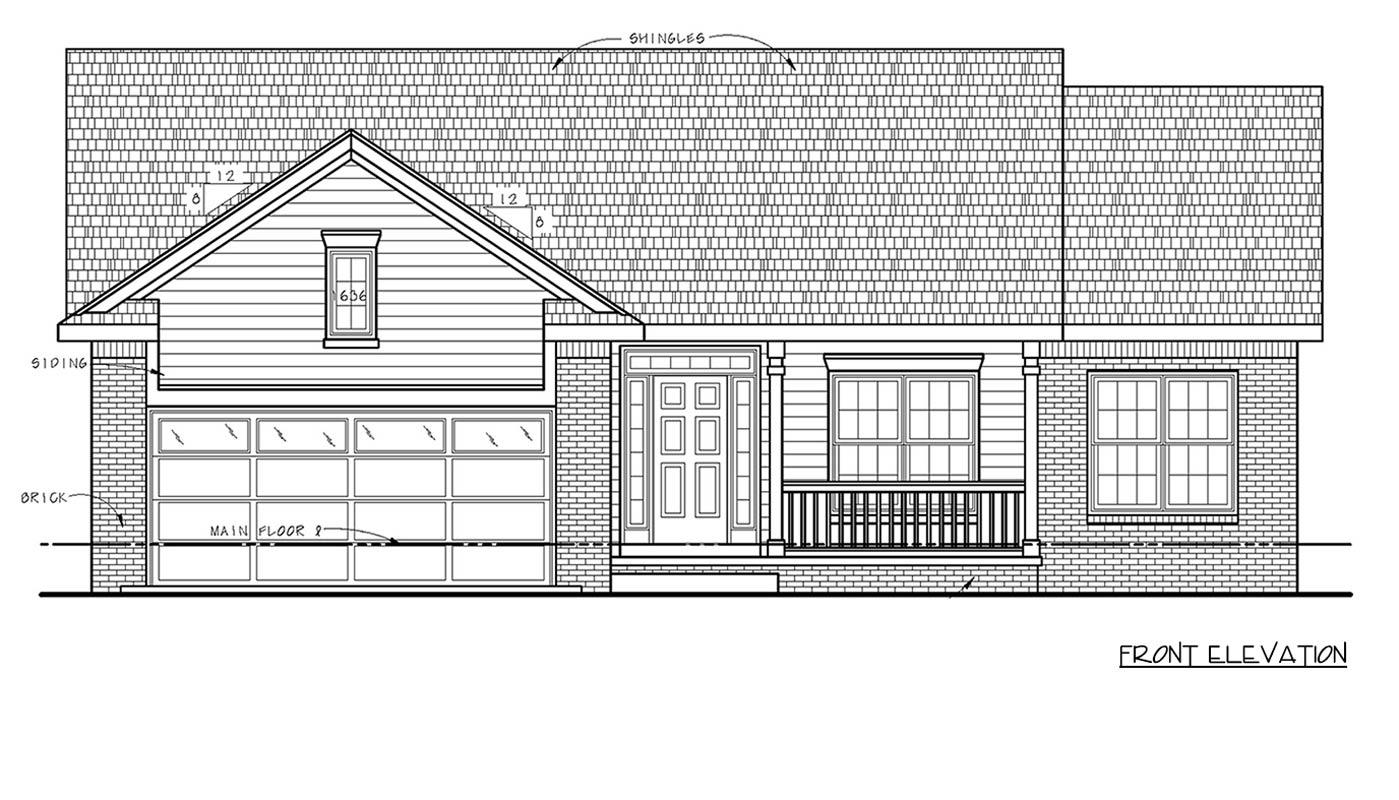 Front elevation drawing of a house plan with a gabled dormer, brick base, siding, covered porch, and two-car garage.