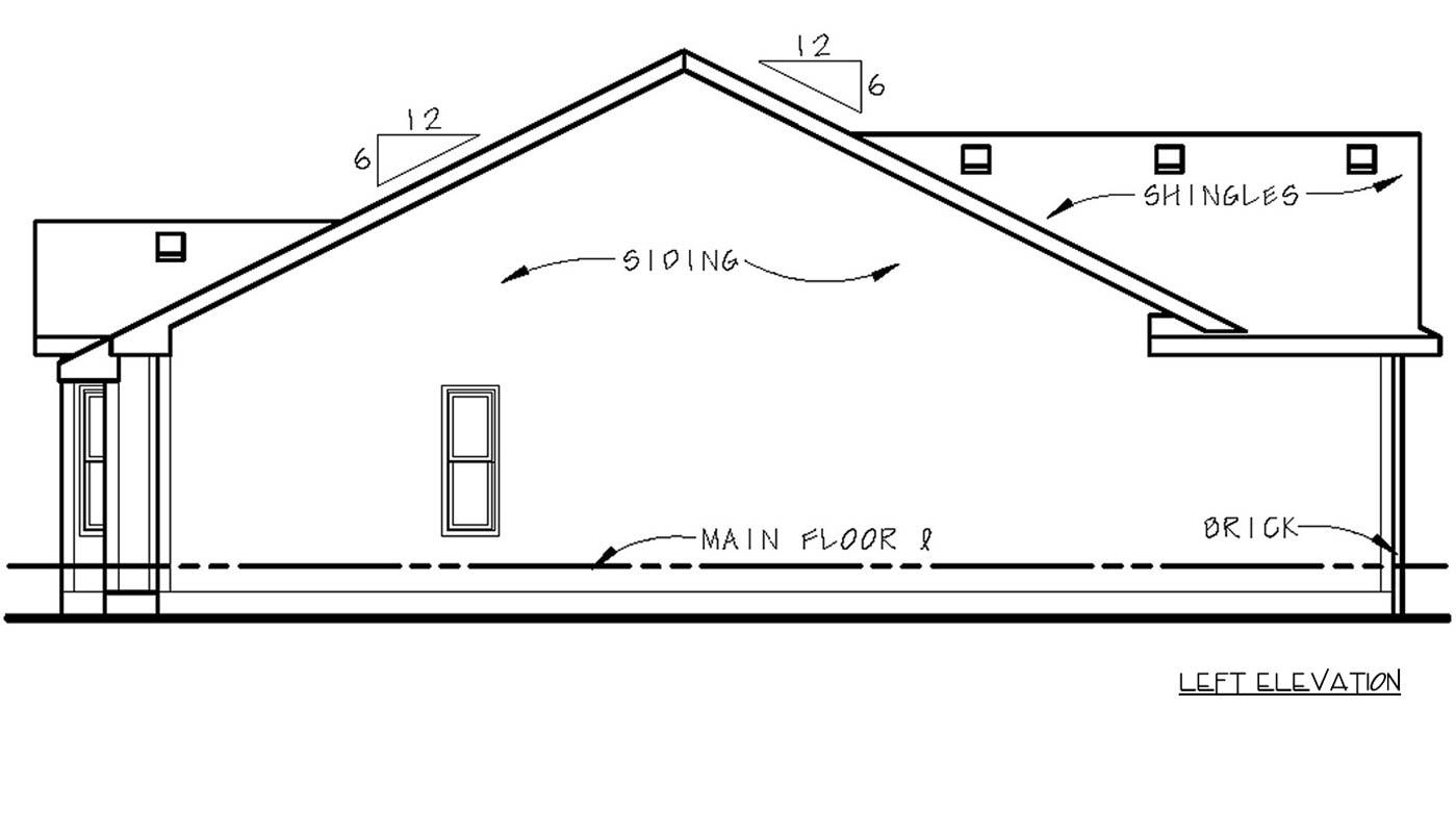 Left elevation house plan showing siding, shingles, brick base, and roof pitches of 12:6.