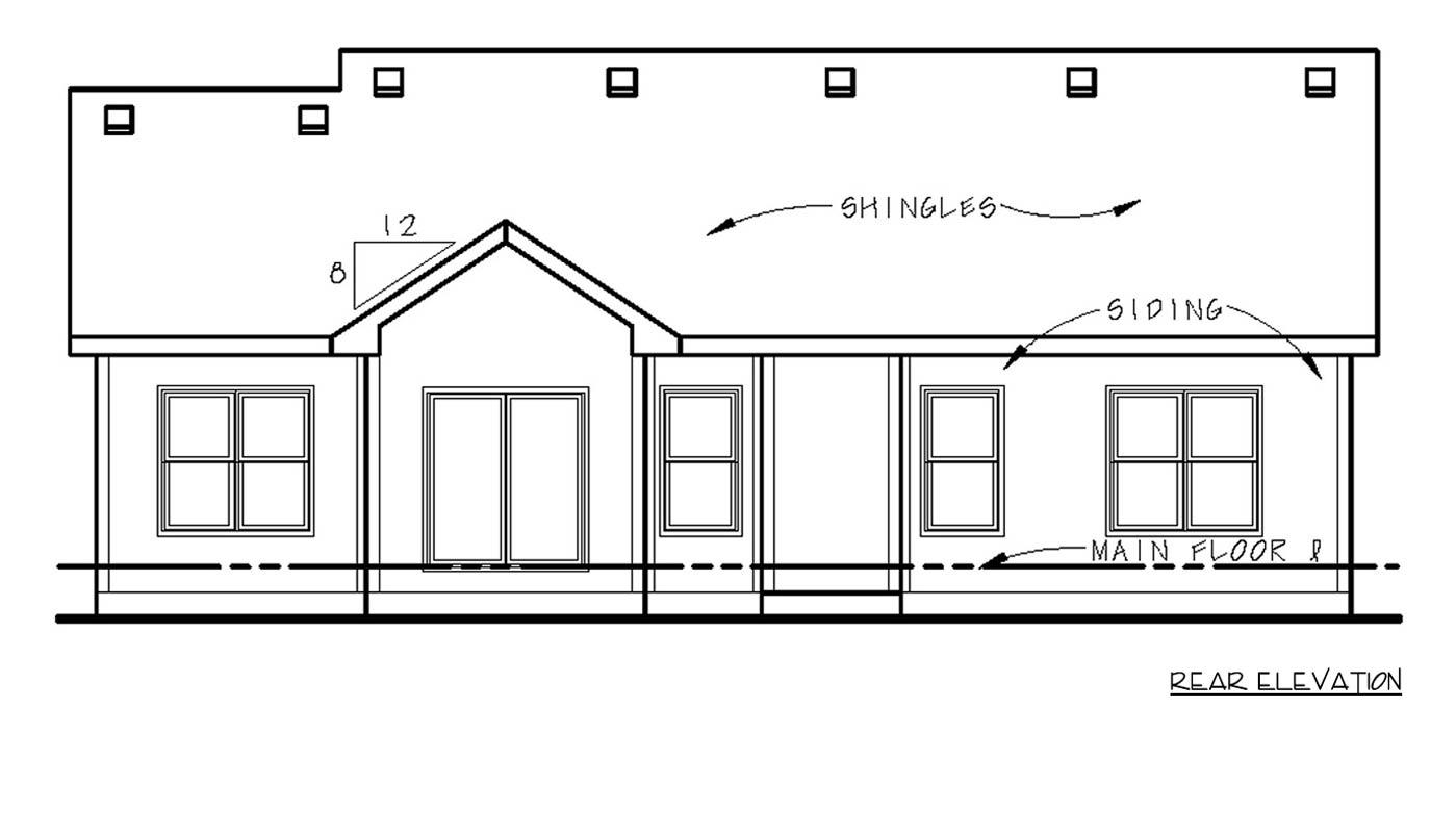 Rear elevation drawing showing a house plan with a gabled roof, siding, and double doors.