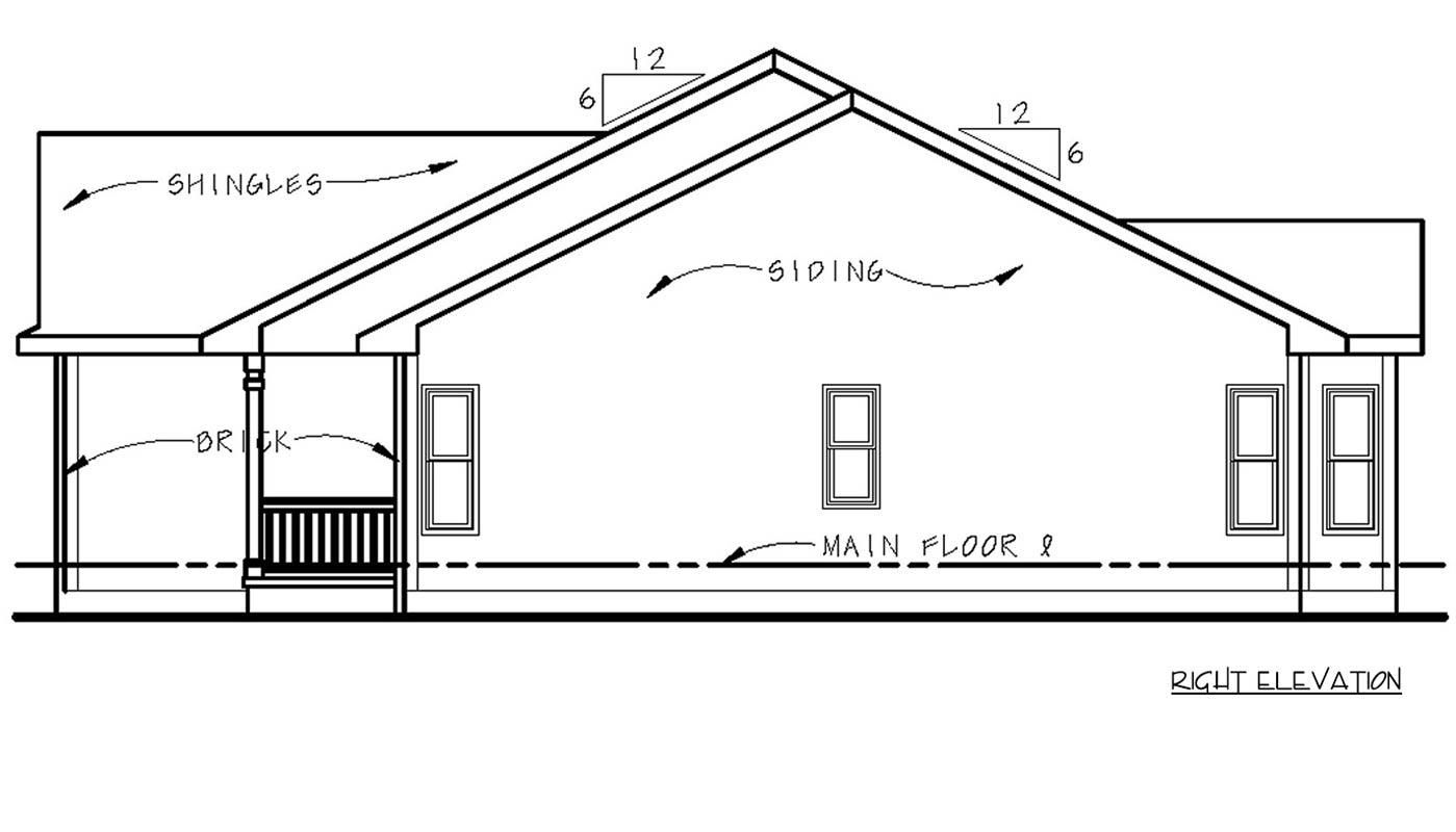 Right elevation house plan showing shingles, siding, brick porch, and multiple windows.