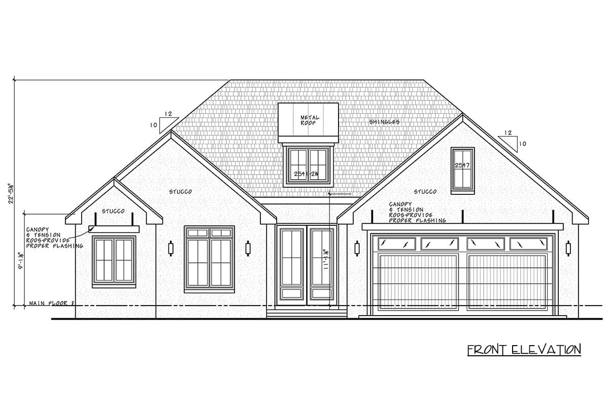 Front elevation house plan with stucco exterior, gabled roof, dormer with metal roof, and attached two-car garage.