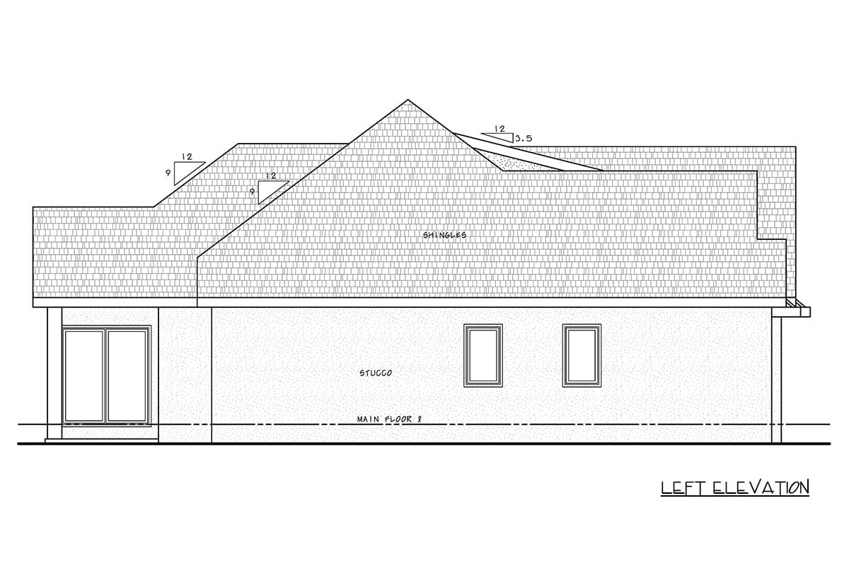 Left elevation drawing of a house plan with stucco walls, multi-level roof with shingles, and two windows.