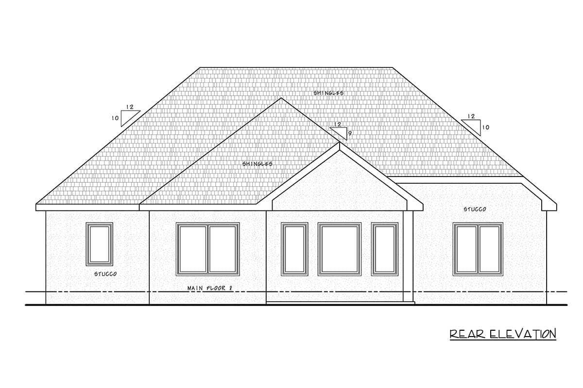 Rear elevation drawing of a stucco house plan with a prominent gable and multi-pane windows.