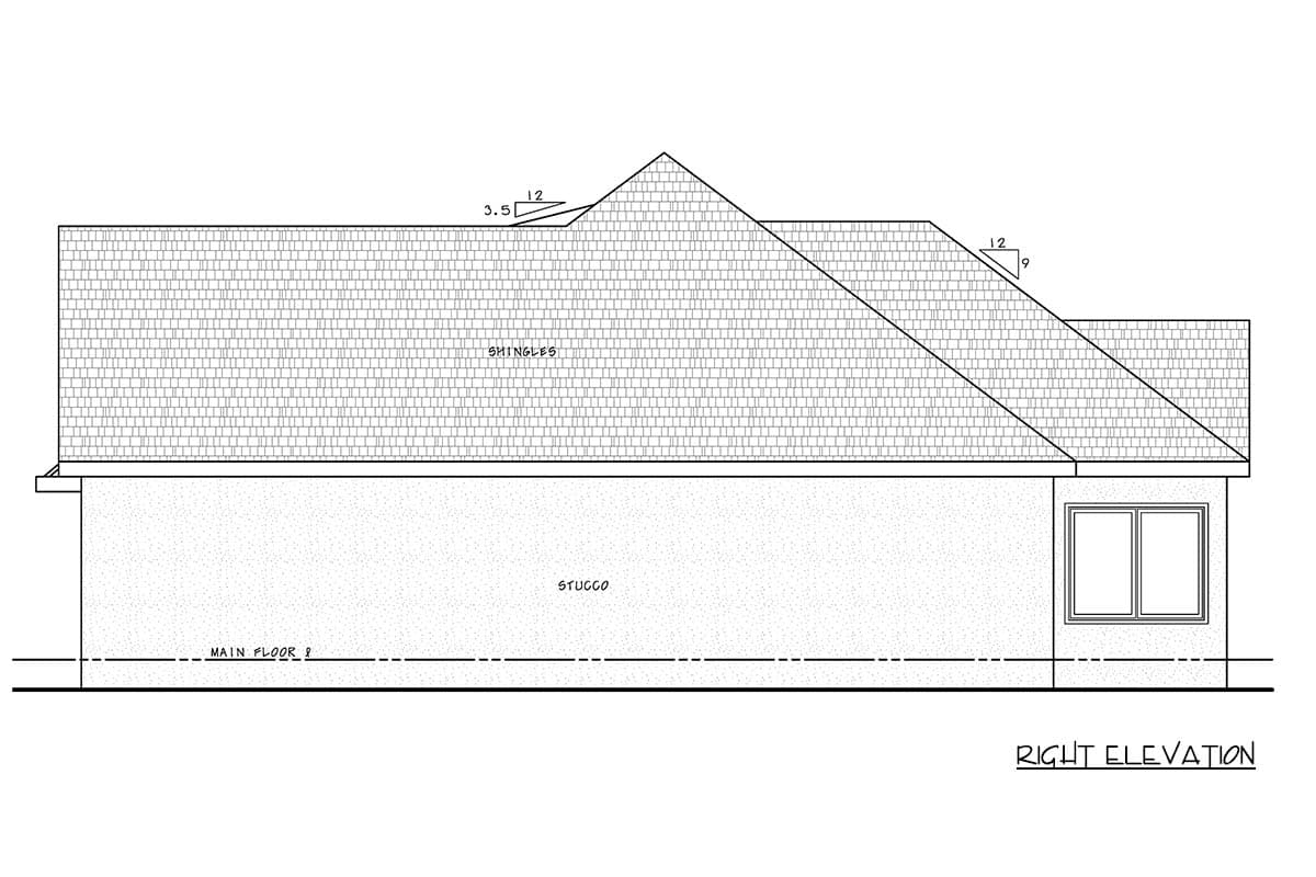 Right elevation drawing of a house plan with stucco siding and a multi-pitched shingle roof.